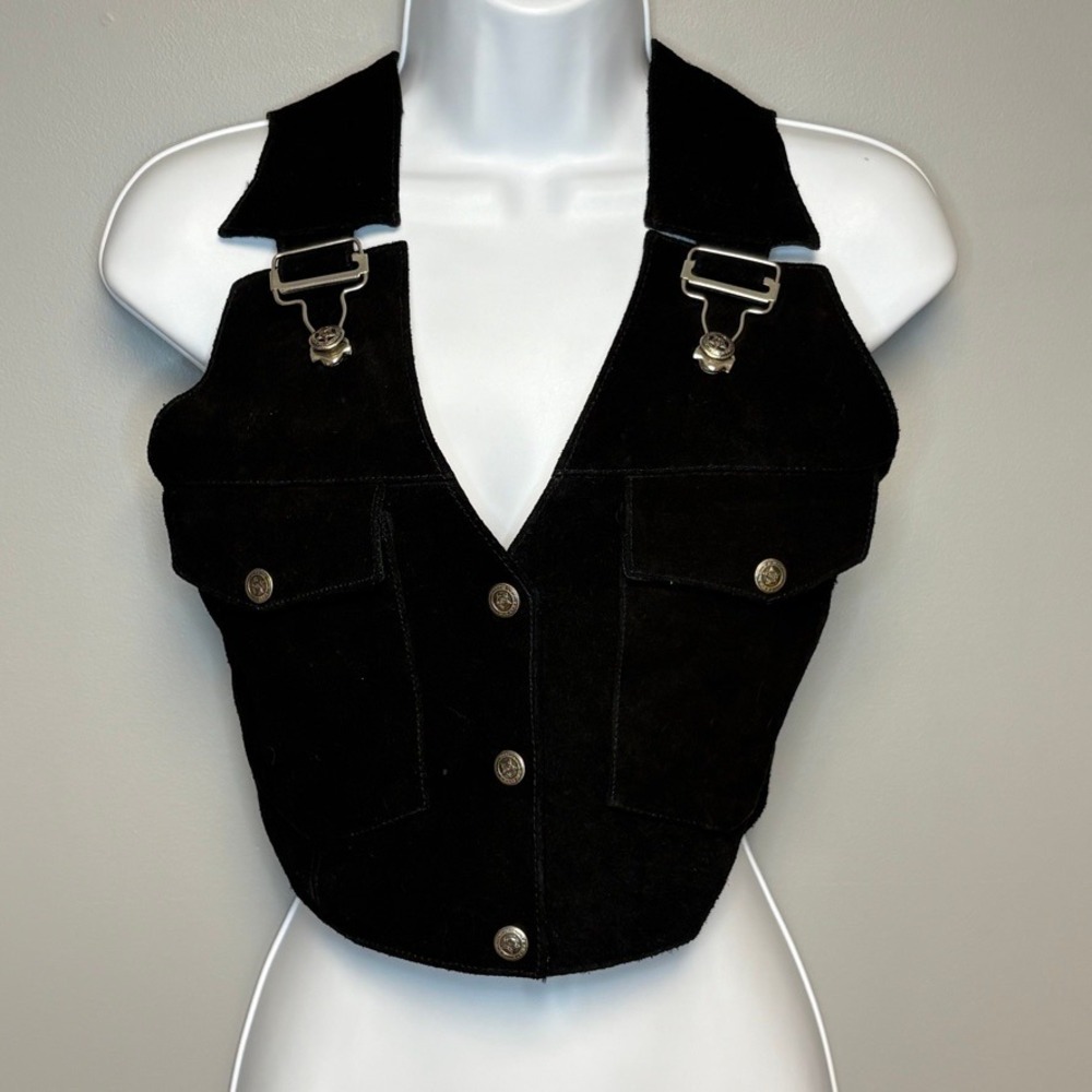 Black Leather Suede Western Festival Going Out‎ Biker Cropped Vest Womens Sz M